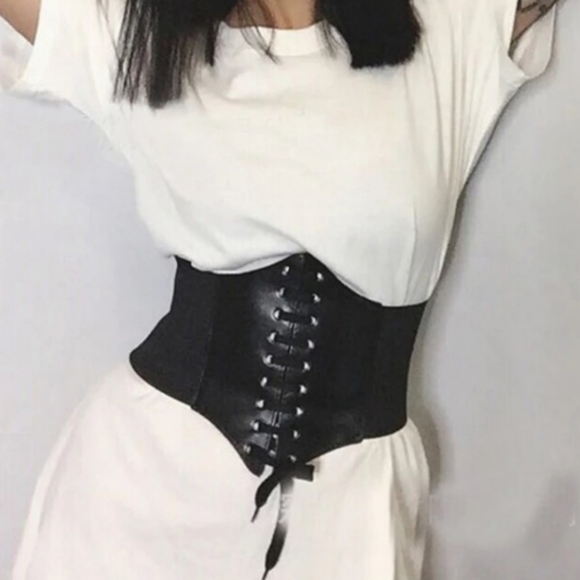 Womens Black Faux lace up stretch faux leather corset wide waist boho wrap Belt - Picture 13 of 13